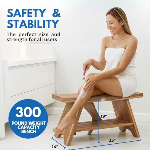 EcoDecors Serenity 35-Inch Teak Shower Bench with Shelf, 300 lb - Image 4