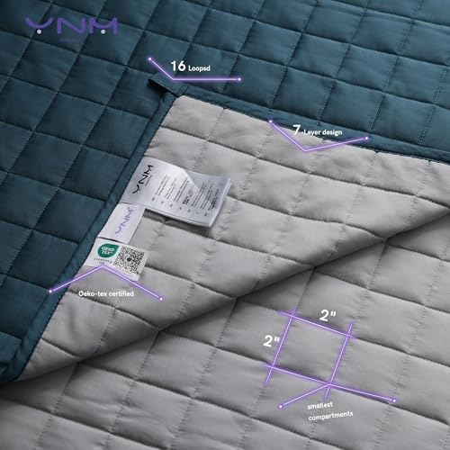 YnM Exclusive Weighted Blanket, Soothing Cotton, Smallest Compartments, Bed Blanket for One Person of 190lbs, Ideal for Queen/King Bed (60x80 Inches, 20 Pounds, Peacock/Grey Reversible) - Image 4