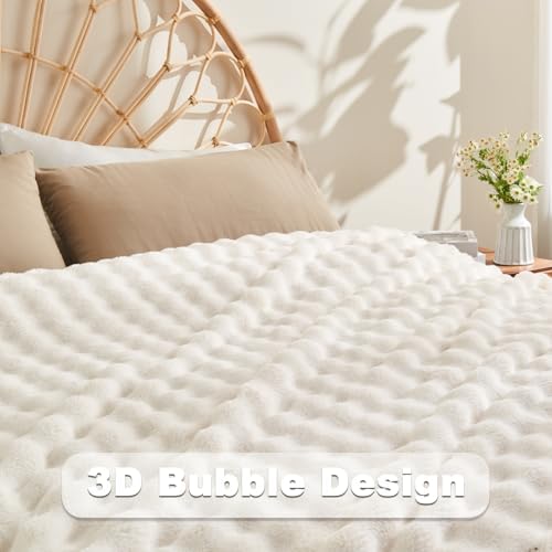 NEWCOSPLAY 3D Bubble Flannel Throw Blanket for Couch Ivory, 50"×60" - Image 5