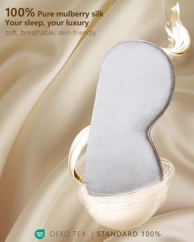 Silk Sleep Mask for Women Natural Mulberry - Soft Breathable Organic Natural Silk Fabric Blackout Sleep Mask with Adjustable Straps No Pressure Eye Mask for Travel Essentials Gifts (Light Gray) - Image 2