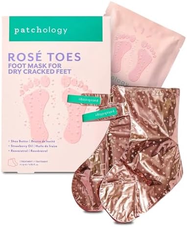 Patchology Rosé Toes Moisturizing Foot Mask – Shea Butter & Strawberry Scented Booties for Dry, Cracked Feet, Disposable Spa Socks with Resveratrol for Soothing Foot Care, Self-Care Essentials by Patchology