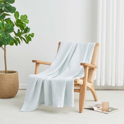 100% Cotton Blue Blanket King Size for Bed - Breathable and Soft, Waffle Weave for Summer Spring, 102x90 Inches (Pale Blue) - Image 3