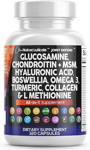 Glucosamine Chondroitin MSM Collagen Joint Supplements for Women & Men with Turmeric Curcumin, Collagen, Hyaluronic Acid, Boswellia Omega 3 Knee Flexibility Support Complex Vitamin Capsules 120 Count by CleanNutraceuticals