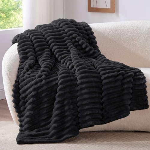 BEDELITE Ribbed Fleece Throw Blanket for Couch, Black, 50"x70" - Image 2