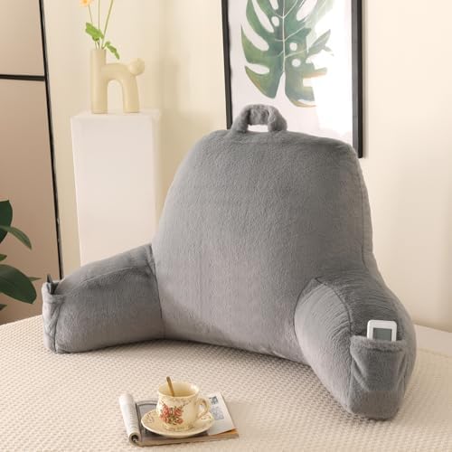 Soft Reading Pillow for Bed with Arms,Middle,Gray,Faux Fur by PAJEO