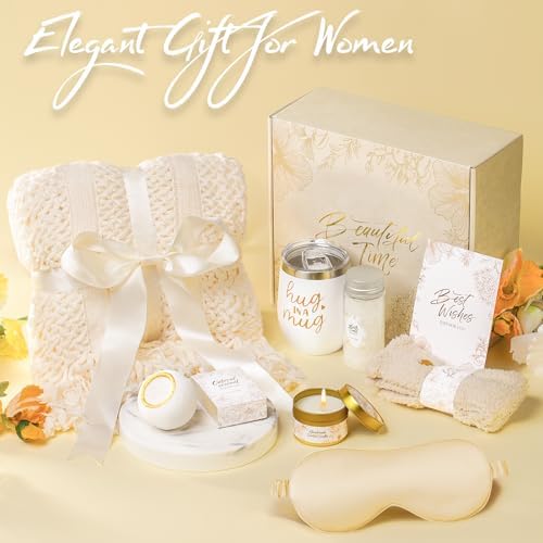 Gift Basket for Women, Self Care Set with Knitted Throw - Care Pkg - Beige - Image 4
