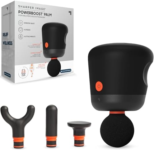Sharper Image Mini Massage Gun, Powerboost Palm Rechargeable Deep Tissue Percussion Handheld Massager, 4 Adjustable Speeds, 4 Attachment Heads, Full Body Muscle Pain Relief Gift, Black by SHARPERIMAGE