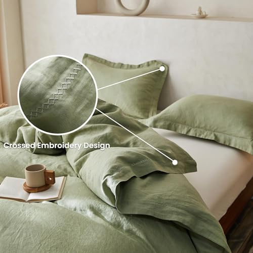 Simple&Opulence 100% Linen Duvet Cover Set with Crossed Embroidery Washed - 3 Pieces (1 Duvet Cover with 2 Pillow Shams) Soft Breathable Farmhouse - Sage Green, King Size - Image 4