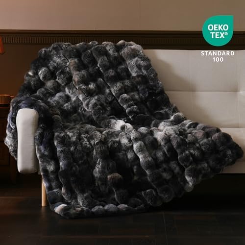 BENVWE Fluffy Faux Fur Throw Blanket for Couch, Soft Plush Thick Cozy Fuzzy Luxury Minky Bubble Blanket for Home Living Room Decor Gift for Women, Tie-dye Grey, 63" x 80", 1100GSM - Image 2