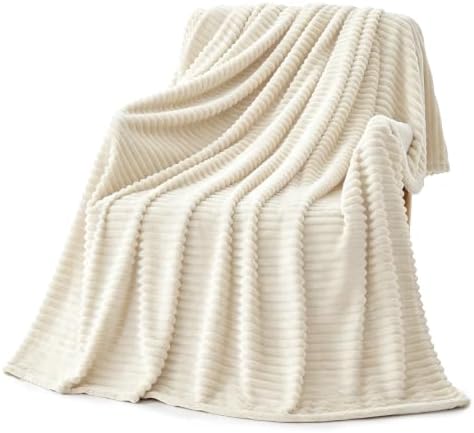 Bnuitland Fleece Throw Blanket for Couch, 300GSM Soft Warm Cozy Fluffy Ivory Throw for Adults & Kids, Stripe Pattern 50"x60", All Season Sofa Bed Blanket for Home Decor by BNUITLAND