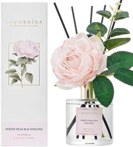 Cocorrína Flower Reed Diffuser - White Peach& Oolong 6.7oz Scented Diffuser with Sticks Home Fragrance Essential Oil for Bathroom Shelf Decor (Artificial Flower) - Image 2