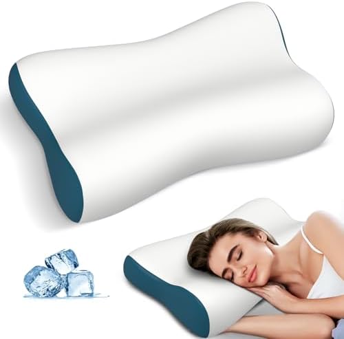 Ylekto Cervical Neck Pillow for Pain Relief - Ergonomic Pillow Side Sleeper Pillow for Sleeping, Contour Memory Foam Pillows Bed Pillow for Side, Back & Stomach Sleepers (White & Blue) by Ylekto