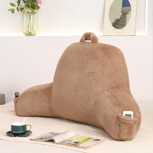 Soft Reading Pillow for Bed with Arms,Middle,Khaki,Faux Fur by PAJEO