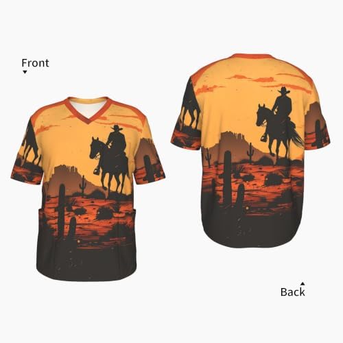 Men's Scrub Top,V-Neck Spill Wrinkle Resistant,3 Pockets-Western Cowboy Theme (3) - Image 4
