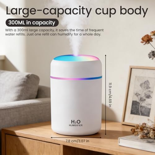 Portable Colorful Cool Mini Humidifier, USB Personal Desktop Humidifier,. Perfect for Bedroom, Office & Car(300ml, White) - Image 4