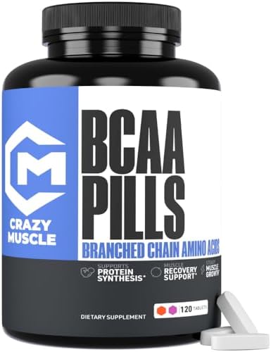 Crazy Muscle BCAA Pills Branched Chain Amino Acids Essential Supplement for Workout Support Pre Post Training Fitness Support for Men and Women 2:1:1 Ratio 120 Tablets 40 Servings. by CrazyMuscle