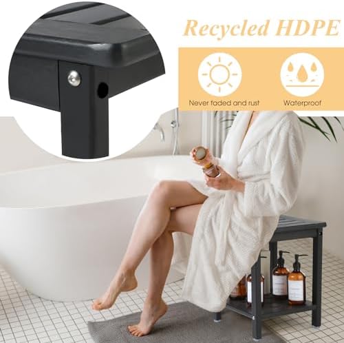 Apolimi Shower Chair,HDPE Shower Bench for Inside Shower to Sit On It, Shower Stool with Storage Shelf 2-Tier Spa Stool for Elderly,Water Resistant & Non-Slip Design Shower Seat Bench (Black S Size) - Image 4