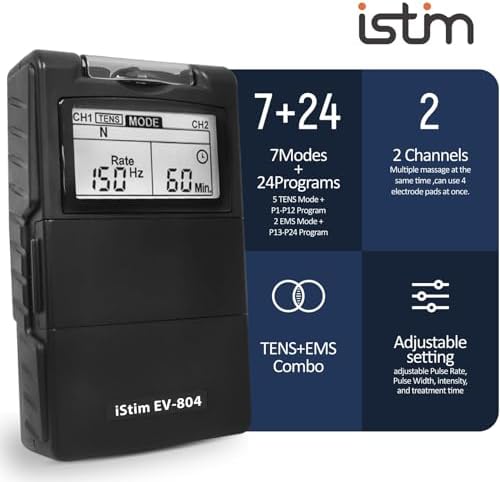 iSTIM EV-804 TENS/EMS 2 Channel Rechargeable Combo Machine Unit - Muscle Stimulator + Back Pain Relief and Management- 7 modes/24 Programs/Backlit (Including Electrodes Pads) - Image 3