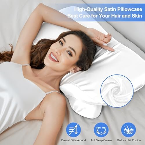 2 Pack Satin Pillowcase for Zelimun Cervical Pillow, Contour Pillow Case Cover, Soft Pillowcase Cover with Zipper (White) - Image 2