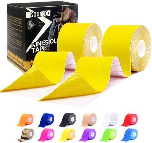 SOON GO Kinesiology Tape Pro 2 Rolls, 2 Inch High Elasticity Sports Tape Therapeutic Pain Relief–Physio Tape for Muscle Recovery & Joint Support, Waterproof & Hypoallergenic & Breathable–Yellow by SOON+GO