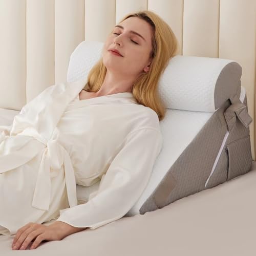 BIEEZZK Wedge Pillow Set for After Surgery, Wedge Pillow for Acid Reflux, Bed Wedge Pillow with Adjustable 9&12inch for Headboard,Sleeping, Orthopedic Memory Foam for Neck&Back Support, White/Grey by EnjoyaBetterLifeFromHere