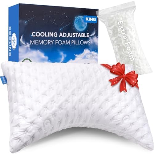 KUCEY Cooling Side Sleeper Pillow for Neck and Shoulder Pain, Luxury Shredded Memory Foam Curved Bed Pillows for Sleeping Set of 1- Adjustable King Size- Washable Cover Crescent White by Kucey