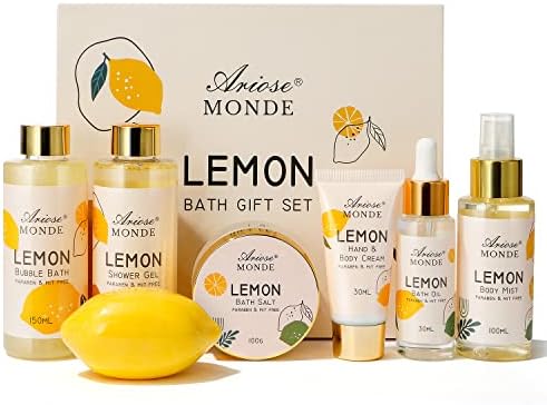 Gifts for Women Gift Basket for Women- 8pcs Lemon Home Spa Self Care Kit by Ariosemonde
