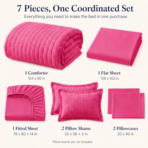 CozyLux King Size Comforter Set, 7 Pieces Hot Pink Seersucker Bed in a Bag - Image 2
