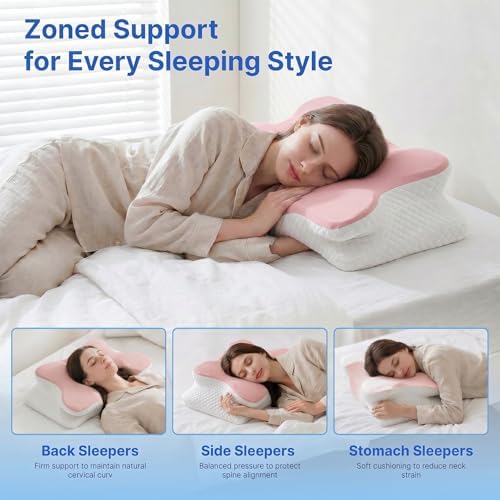 Cervical Pillow for Neck Pain Relief, Orthopedic Memory Foam Pillow with Cooling Cover, Contour Ergonomic Support for Side Back Stomach Sleepers (Pink) - Image 3