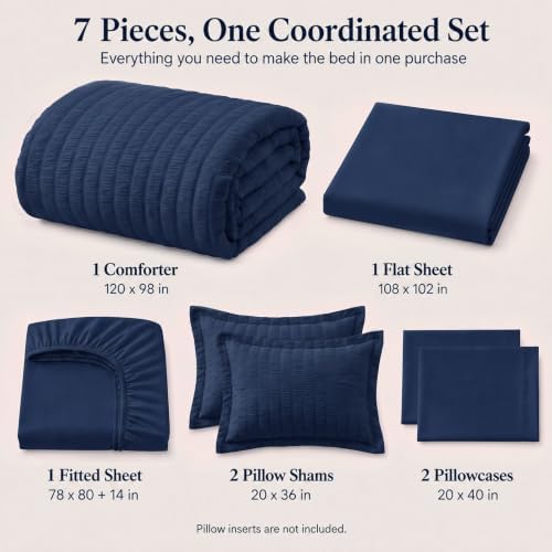 CozyLux Oversized King Comforter Set 120x98, 7-Piece Navy Blue Seersucker - Image 2
