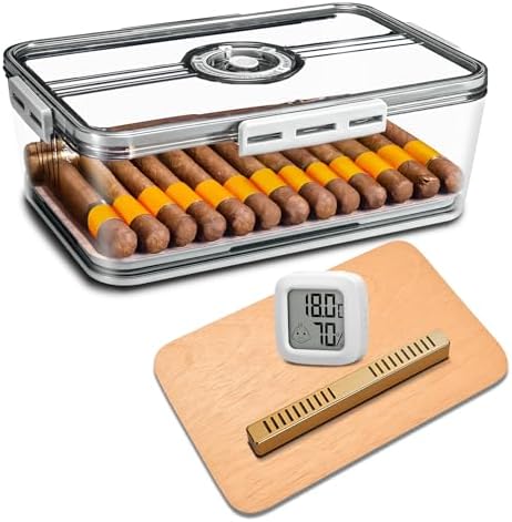 Cigar Humidor, Transparent Humidor Box with Humidifier and Hygrometer, Desktop Cigar Humidor Box with Cedar Wood Chips, Cigar Case, Cigar Gifts for Men (middle hold 55-60 cigars) by demcigar