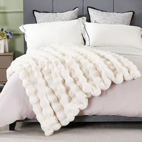 DREAMNINE Soft Faux Bubble Rabbit Fur Throw Blanket for Couch, Thick Cozy Decorative Warm Fuzzy Fur Blanket for Sofa Chair Bedroom Living Room Dorm Gift, 50 * 60 Inches, Cream White - Image 3