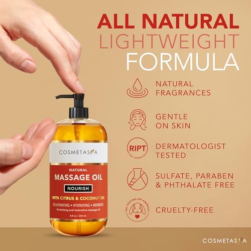 Natural Nourishing Citrus & Coconut Massage Oil- Smooth Glide, Non Greasy Therapeutic Massage Oils with Rejuvenating, Hydrating & Aromatic Essential Oils for Dry Skin, Soothes Muscle & Joints 8.8 oz - Image 4
