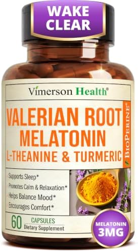 Melatonin 3mg + Valerian Root for Sleep, Daily Calm & Stress Relief Support – Natural Sleep Aid: Organic Turmeric Melatonin Valerian Supplement with L-Theanine, Ginger & Black Pepper – 60 Capsules by VimersonHealth