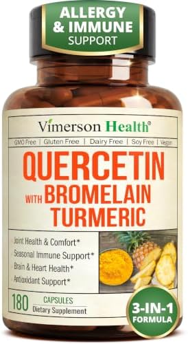 Quercetin with Bromelain Turmeric Curcumin Supplement – Triple Action: Allergy Relief, Inflammation and Joint Support with Organic Tumeric + Bioperine for Max Absorption – 180 Quercetin 500mg Capsules by VimersonHealth