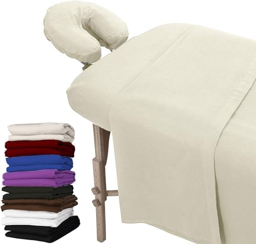 LONDON LINENS Pack of 2 Extra Thick 3 Piece Massage Table Sheets Set - 100% Natural Cotton Flannel - Includes Massage Table Cover, Massage Fitted Sheet, and Massage Face Rest Cover (Natural) by LONDONLINENS