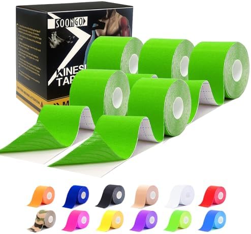 SOON GO Kinesiology Tape Pro 5 Rolls, 2 Inch High Elasticity Sports Tape Therapeutic Pain Relief–Physio Tape for Muscle Recovery & Joint Support, Waterproof & Hypoallergenic & Breathable–Green by SOON+GO