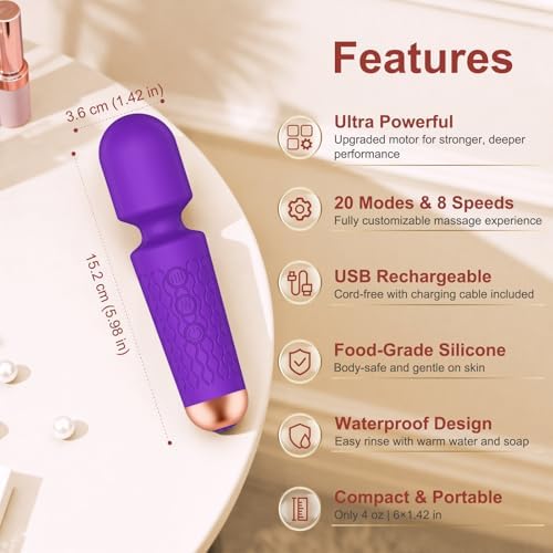 Upgraded Handheld Massager Cordless Rechargeable with 20 Patterns 8 Speeds, Premium Silicone Rose Purple Mini Massager Tool Device for Whole Body Muscle Relaxation and Stress Relieve - Image 7