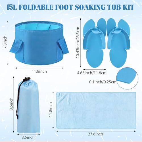FillTouch 6 Sets Foldable Foot Bath Kit 15L Collapsible Foot Soaking Tub Bathroom Towels Women Adult Foldable Slippers with Storage Bag Spa Soak Pedicure Bath for Travel Camping(Sky Blue) - Image 2