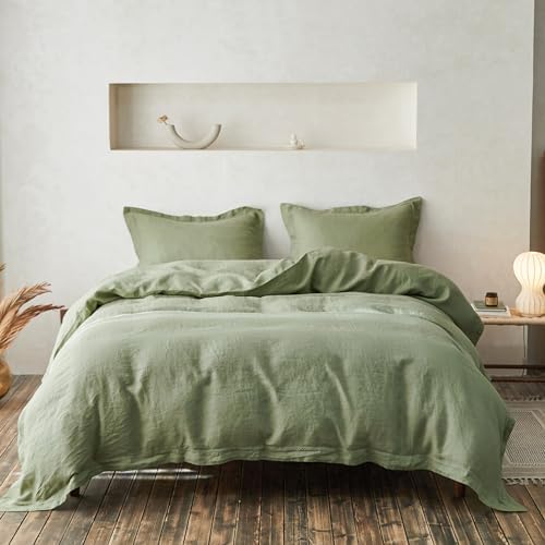 Simple&Opulence 100% Linen Duvet Cover Set with Crossed Embroidery Washed - 3 Pieces (1 Duvet Cover with 2 Pillow Shams) Soft Breathable Farmhouse - Sage Green, King Size by SimpleOpulence
