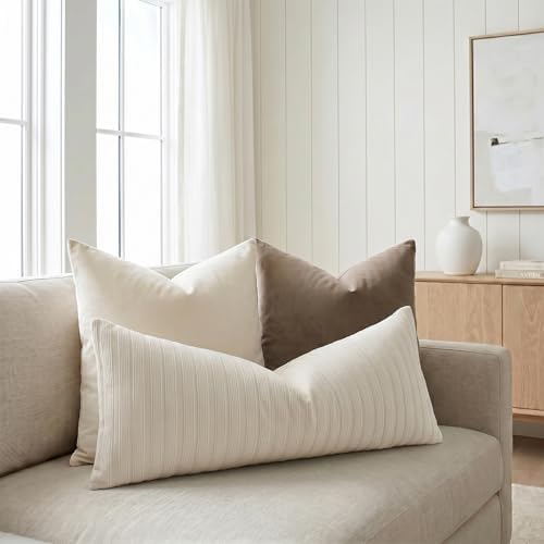 DEZENE 14x36 Cream Lumbar Pillow Covers Soft Striped Corduroy Farmhouse Rectangular Long Body Pillow Cases for Couch Sofa Bedroom Living Room Home Decor - Image 5