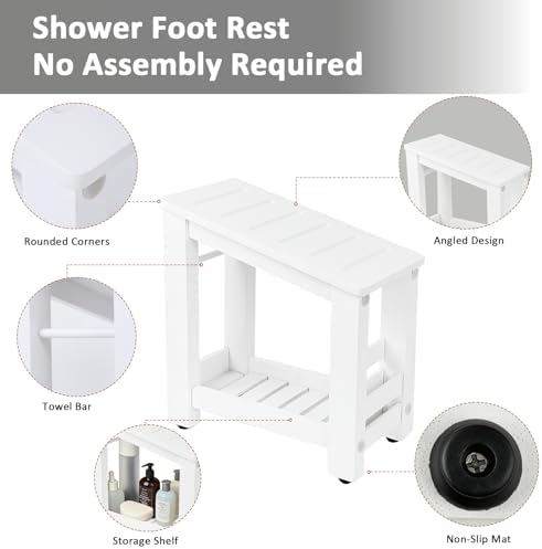 White Bamboo Shower Foot Rest for Shaving Legs, Water-Resistant Pedicure Foot Stool with Lower Storage Shelf, Compact Bathroom Shaving Step for Shower and Bath - Image 3