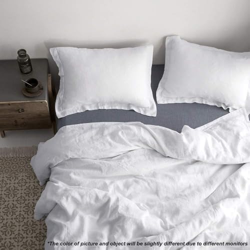 Simple&Opulence 100% Linen Duvet Cover Set with Embroidery Border Washed - 3 Pieces (1 Duvet Cover with 2 Pillow Shams) with Button Closure Soft Breathable Farmhouse - White, Full Size - Image 5