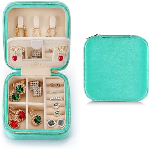 ZPROW Plush Velvet Travel Jewelry Case, Travel Jewelry Organizer, Jewelry Travel Case, Travel Jewelry Box, Small Jewelry Case, Jewelry Travel Box, Earring Organizer with Mirror - CyanBlue by ZPROW