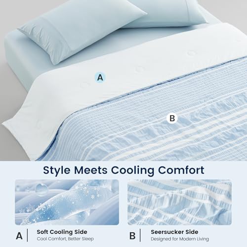 Cozy Bliss Cationic Dyed Seersucker Cooling Comforter Queen Size, Lightweight Airflow Silky Cooling Bedding with Q-Max>0.45 for Bedroom, Home Decor, Hot Sleepers & Night Sweats, Blue 90"x90" - Image 2
