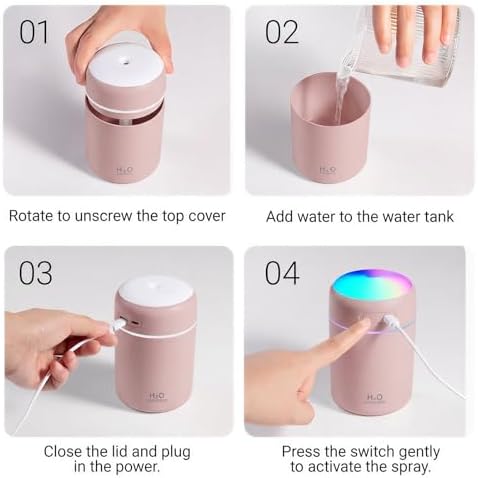 Portable Colorful Cool Mini Humidifier,Aroma Essential USB Personal Desktop Humidifier, for Bedroom, Office & Car(300ml, White) (pink) - Image 6