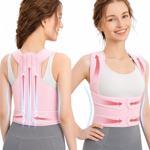 Posture Corrector for Women, Breathable Back Brace for Slouching & Upper Back Pain Relief, Invisible Under Clothes Shoulder Straightener with 4 Support Stays & Anti-Chafing Padded Straps, Pink (pink L) by Unknown
