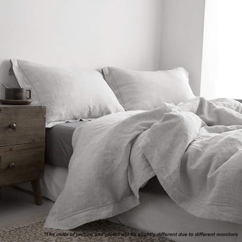 Simple&Opulence 100% Linen Duvet Cover Set with Embroidery Border Washed - 3 Pieces (1 Duvet Cover with 2 Pillow Shams) with Button Closure Soft Breathable Farmhouse - Light Grey, Queen Size - Image 6