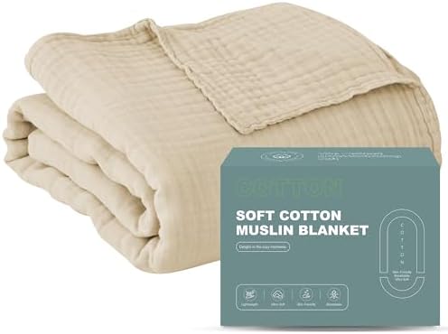 Cosy Family 6 Layer Muslin Bed Blanket - Breathable and Lightweight Gauze Boho Blanket for Spring, Soft 100% Cotton Muslin, Light Tan, 55x80 Inches by Cosy+Family