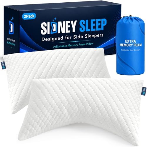 Sidney Sleep Set of 2 Queen Size Bed Pillows for Side and Back Sleepers - Adjustable Filling - Memory Foam Pillows for Neck and Shoulder Pain - Customizable Loft - Extra Foam Included (White) by SidneySleep